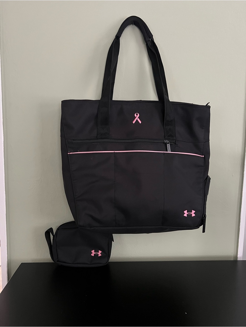 Under Armour Black Tote with Pink Accents and Matching Pouch